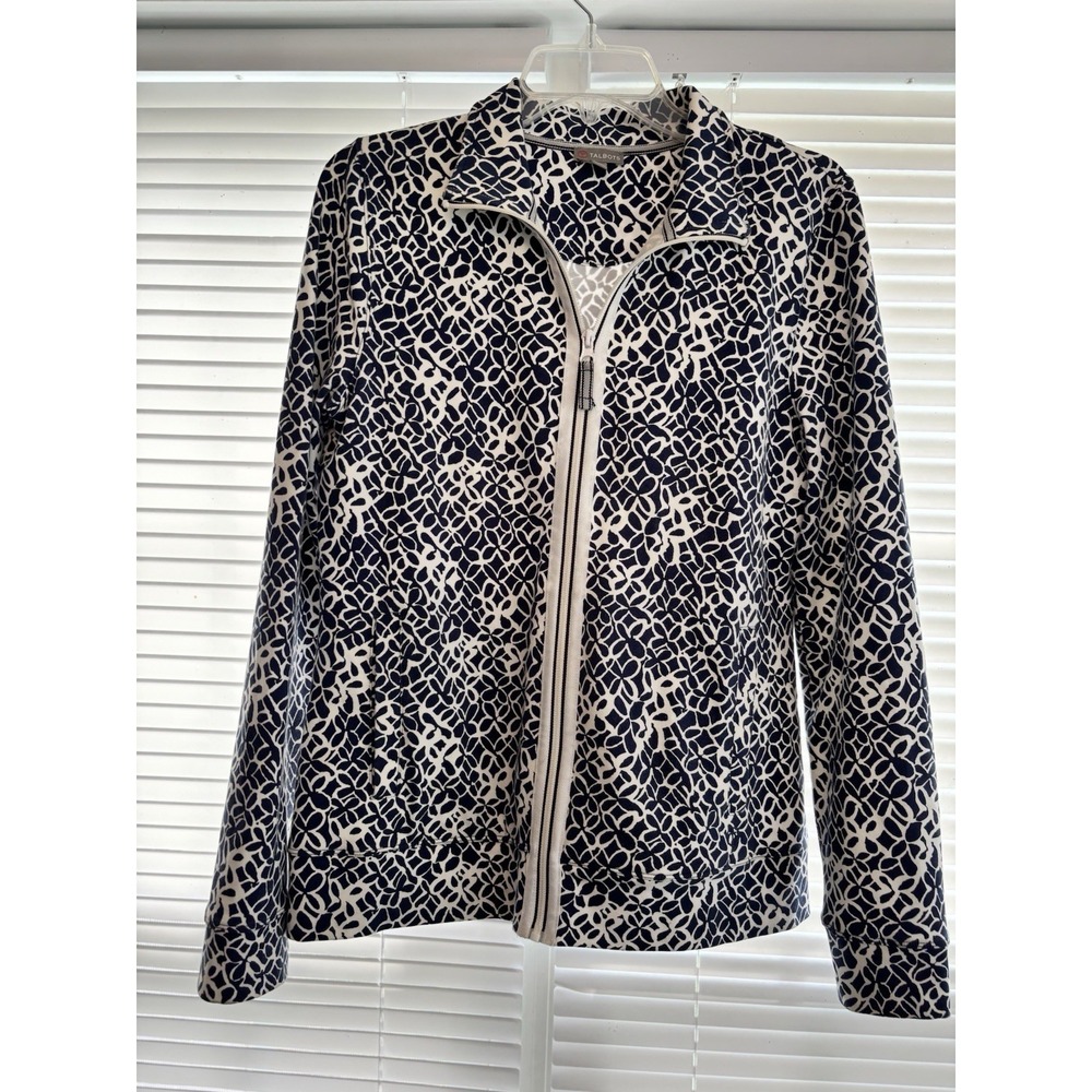 Talbots Jacket Blue Zip‎ Up Cotton Floral Womens Small Athleisure Navy/Wht